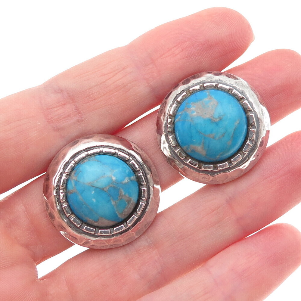 Cengiz 925 Sterling Silver Vintage Real Turquoise Modernist Clip On Earrings